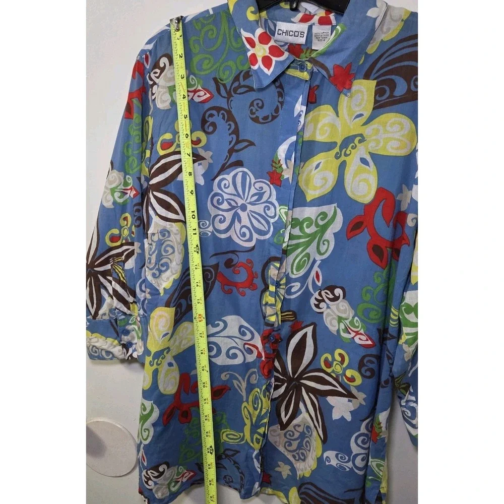 Chico's Floral Button Up‎ Tunic Top Women's Size 2 (Large) Blue Long Sleeve - Picture 5 of 7